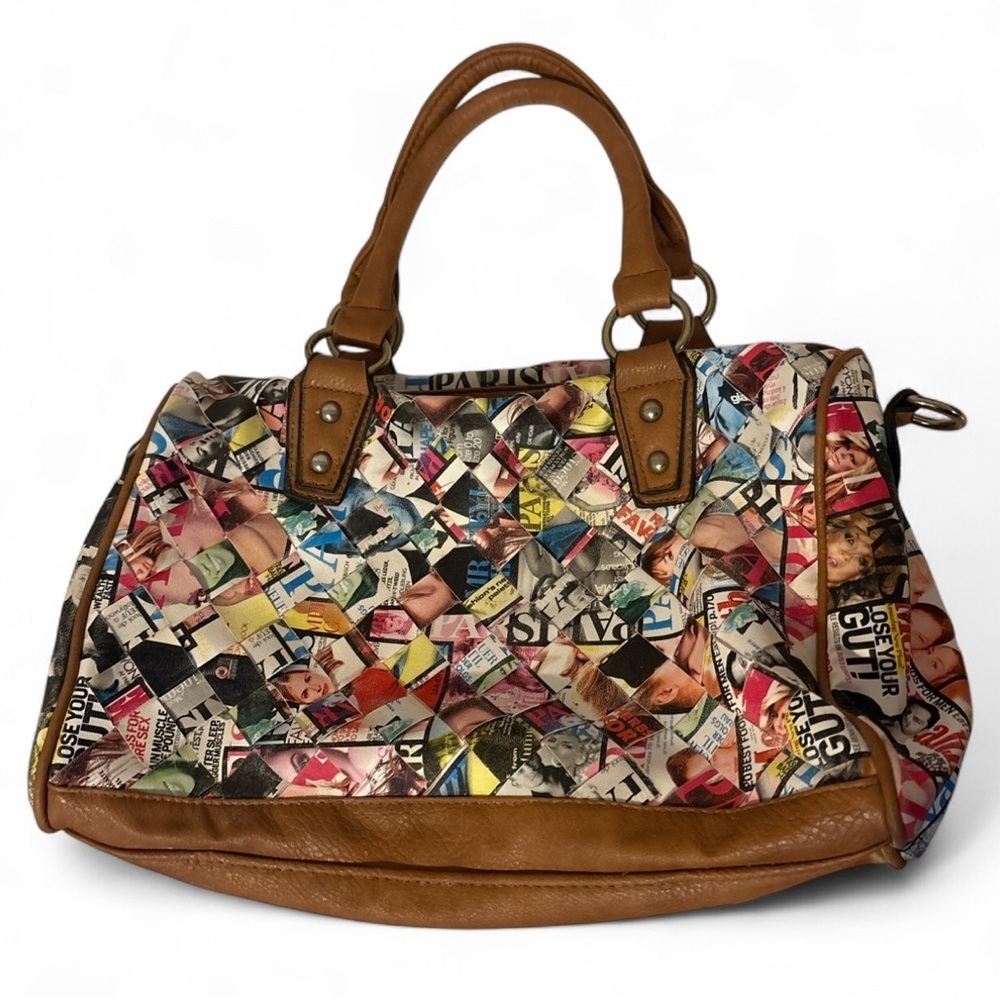 Funky Magazine Print Patchwork Tote Shoulder Bag Brown Trim 12x10x6 Y2K